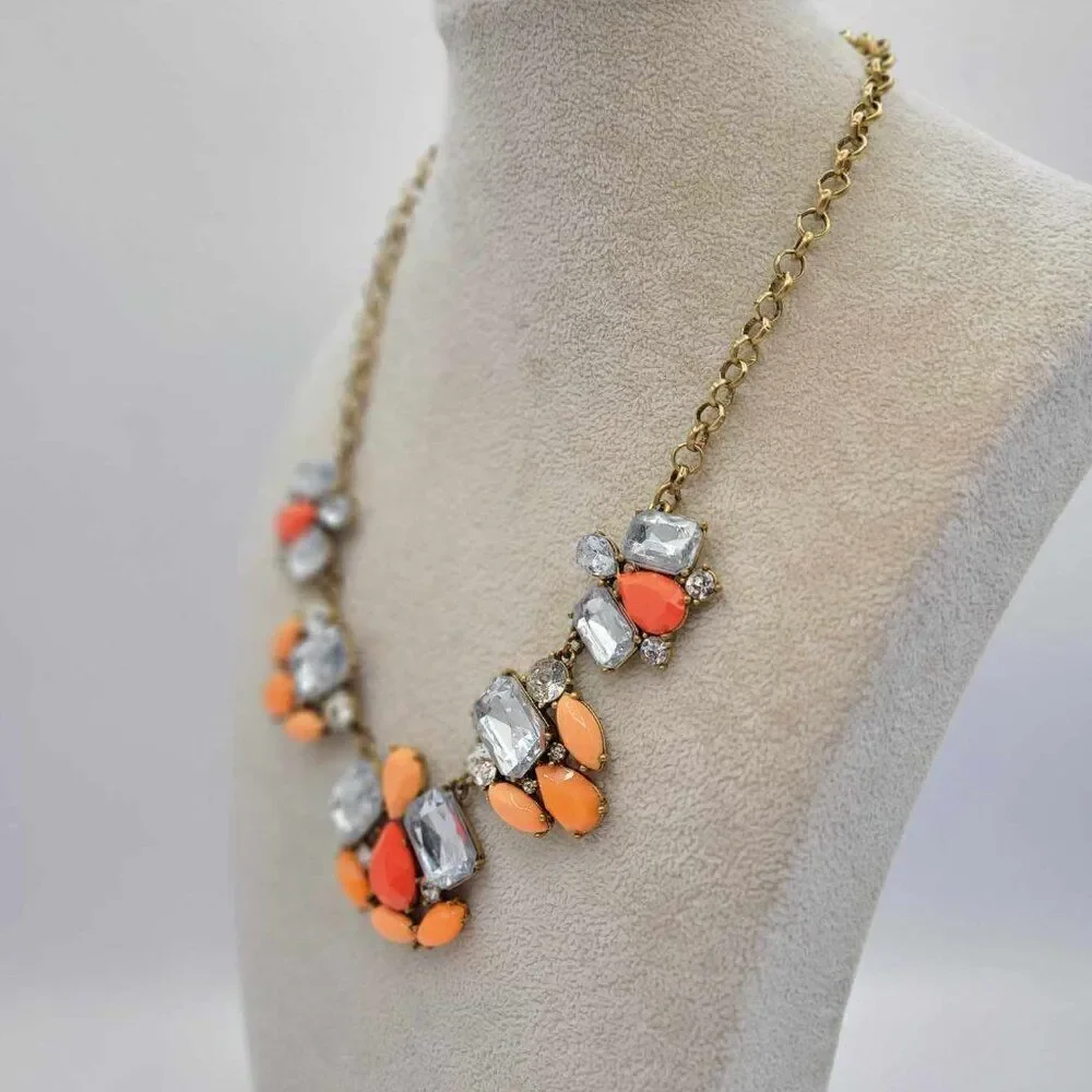 J Crew Large Clear Crystal and Orange Resin Statement Necklace